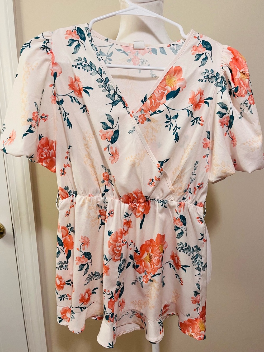 Cream V-Neck jumper with Coral & Teal Floral Accents
